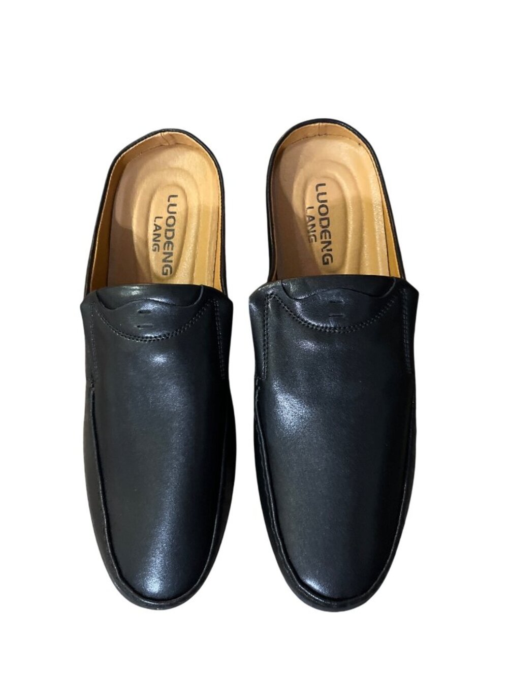 Luodenglang Mens 10 Black Leather Slip On Loafers Comfort Mule Used House Shoes - Picture 3 of 11